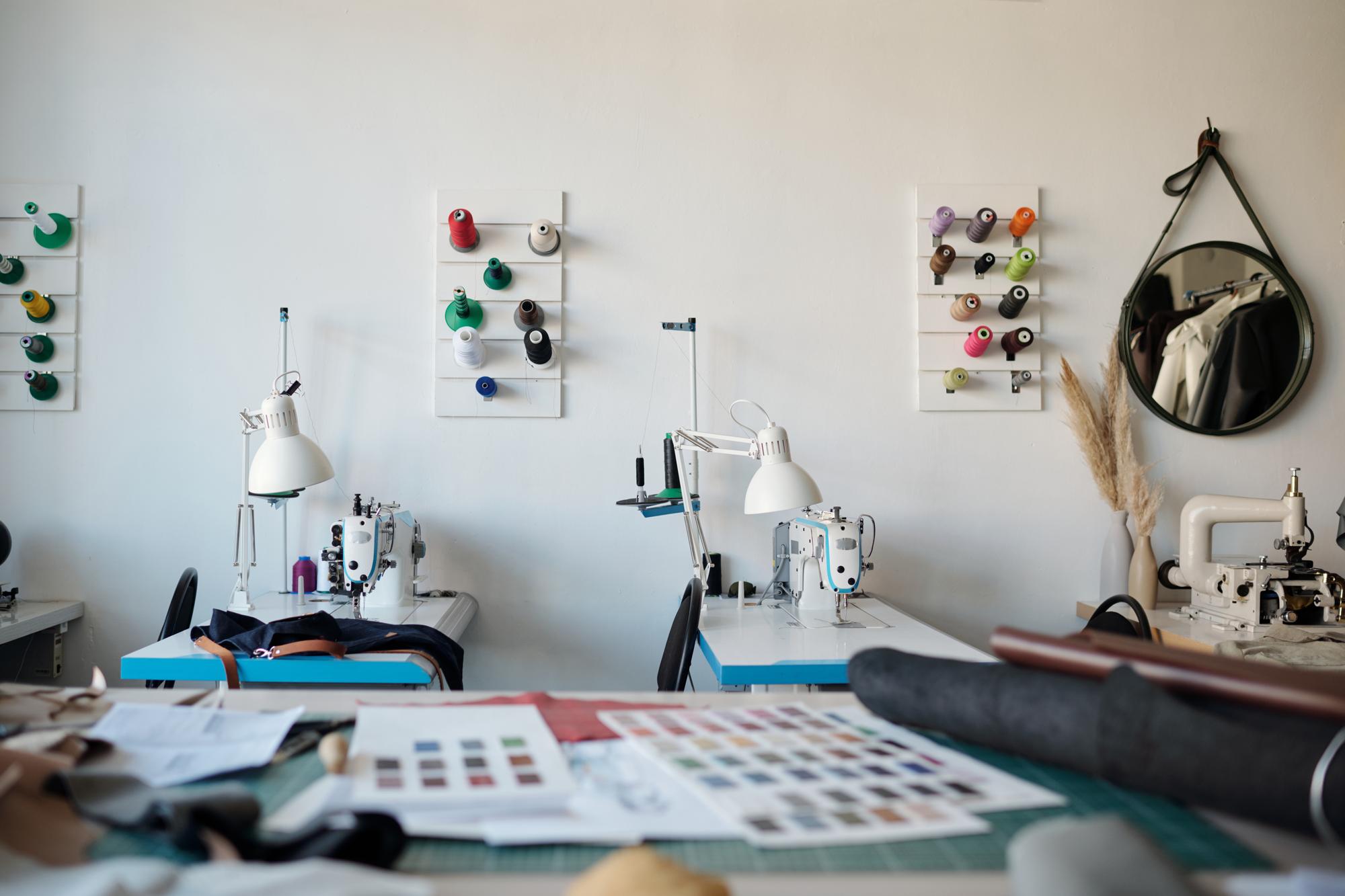 Modern workshop interior with embroidery stations